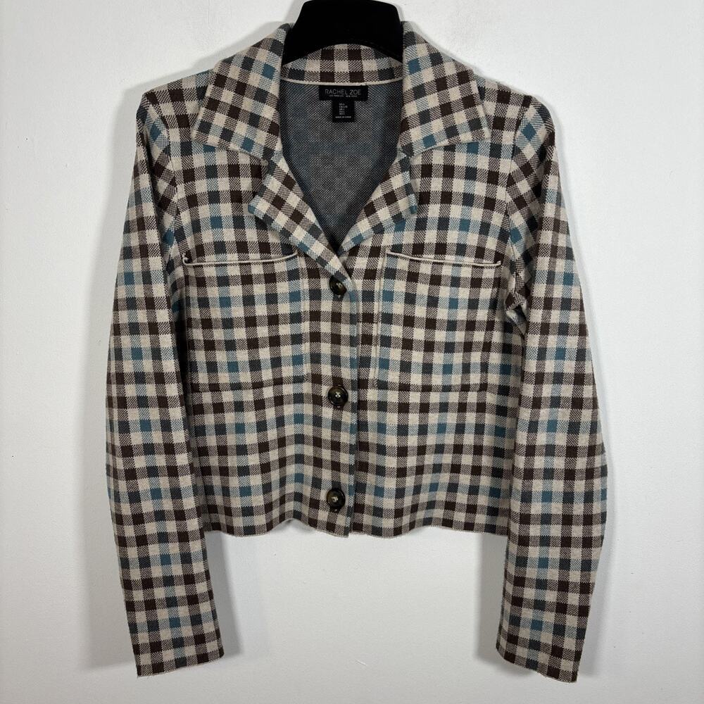 Rachel Zoe Button Up Cardigan Shacket Sweater Blazer Brown‎ Plaid Large Fall - Picture 2 of 8
